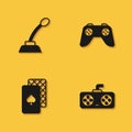 Set Microphone, Game controller or joystick, Playing cards and icon with long shadow. Vector