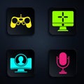Set Microphone, Gamepad, Create account screen and Computer monitor. Black square button. Vector Royalty Free Stock Photo