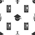 Set Microphone, Graduation cap on globe and Online book on mobile on seamless pattern. Vector