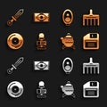 Set Microphone, Hairbrush, Floppy disk, Classic teapot, Vinyl, Portrait picture museum, Medieval sword and carpet icon