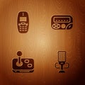 Set Microphone, Old mobile, Joystick and Pager on wooden background. Vector Royalty Free Stock Photo