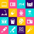 Set Microphone, Photo camera, Wood easel, Trumpet, Ice cream, Roller scooter, Laptop and Robot toy icon. Vector