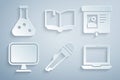 Set Microphone, Projection screen, Computer monitor, Laptop, Open book and Test tube icon. Vector