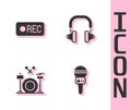 Set Microphone, Record button, Drums and Headphones icon. Vector Royalty Free Stock Photo