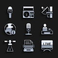 Set Microphone, Retro typewriter, Live report, Television, Satellite, World news, Radar and icon. Vector