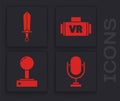 Set Microphone, Sword for game, Virtual reality glasses and Joystick for arcade machine icon. Vector