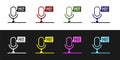 Set Microphone voice device icon isolated on black and white background. Microphone interpreter and alphabet letters