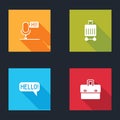 Set Microphone voice device, Suitcase, Hello in different languages and Briefcase icon. Vector