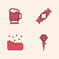 Set Microphone, Wooden beer mug, Candy and Snowfall icon. Vector