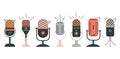 Set of microphones of different colors and shapes isolated on a white background. Vector microphone icons for podcast Royalty Free Stock Photo