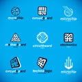 Set of microprocessor scheme abstract logotypes. Futuristic cybernetic vector motherboard. Digital elements, circuit board. Royalty Free Stock Photo