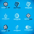 Set of microprocessor scheme abstract logotypes. Futuristic cybernetic vector motherboard. Digital elements, circuit board. Royalty Free Stock Photo