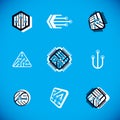 Set of microprocessor scheme abstract logotypes. Futuristic cybernetic vector motherboard. Digital elements, circuit board. Royalty Free Stock Photo
