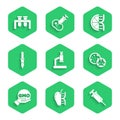 Set Microscope, Genetically modified apple, Syringe, GMO, Pipette, orange and Test tube and flask icon. Vector