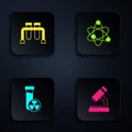 Set Microscope, Test tube, with toxic liquid and Atom. Black square button. Vector Royalty Free Stock Photo