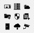 Set Microwave oven, Server, Data, Web Hosting, Sun and cloud weather, Safe, Cloud download and Security camera icon Royalty Free Stock Photo