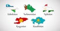 Set of Middle Asia country maps with flags isolated on gray background, vector illustration Royalty Free Stock Photo