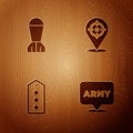 Set Military army, Aviation bomb, rank and Target sport on wooden background. Vector