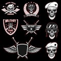 Set of military emblems with paratrooper skull. Design element for poster, card, label, sign, card, banner