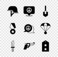 Set Military helmet, Location peace, Shovel, knife, Pistol or gun, rank, reward medal and Peace icon. Vector