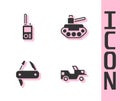 Set Military jeep, Walkie talkie, Swiss army knife and tank icon. Vector