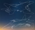 Set of military jet fighter silhouettes. Image of aircraft in contour drawing lines Royalty Free Stock Photo