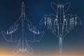 Set of military jet fighter silhouettes. Image of aircraft in contour drawing lines Royalty Free Stock Photo