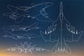 Set of military jet fighter silhouettes. Image of aircraft in contour drawing lines Royalty Free Stock Photo