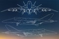 Set of military jet fighter silhouettes. Image of aircraft in contour drawing lines Royalty Free Stock Photo
