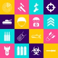 Set Military knife, Aviation bomb, rank, helmet, tank, Radar with targets and Parachute first aid kit icon. Vector