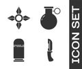 Set Military knife, Japanese ninja shuriken, Cartridges and Hand grenade icon. Vector