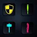 Set Military knife, Shield, Battle hammer and Baseball bat. Black square button. Vector Royalty Free Stock Photo