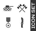 Set Military knife, Military tank, Military reward medal and Crossed medieval axes icon. Vector