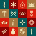 Set Military knife, Target sport, reward medal, Compass, Crossed medieval axes, Medieval, and Brass knuckles icon