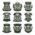 Set of military logos, emblems. Skull, helmet, glasses, soldier, ammunition. Vector illustration, printing on T-shirts.