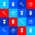 Set Military reward medal, Chevron, Nuclear rocket and Radar with targets icon. Vector