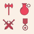 Set Military reward medal, Medieval axe, Hand grenade and Crossed medieval sword icon. Vector