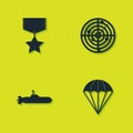 Set Military reward medal, Parachute, Submarine and Radar with targets icon. Vector