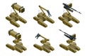 Set of a Military robots of khaki color on white background. Isolated isometric vector illustration