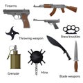 Set of military weapons and shotgun in the assembled form, rifles, machine guns, pistols, granyty and others