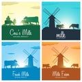 Set of Milk banners. Milk natural product. Rural landscape with mill and cows. Dawn in the village. Sunrise.