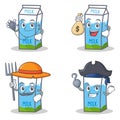 Set of milk box character with doctor money bag farmer pirate Royalty Free Stock Photo