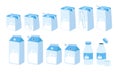 Set of milk carton boxes different sizes clipart. Milk carton package with straw and cap vector design. Milk box, bottle and glass Royalty Free Stock Photo