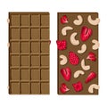 Set of milk chocolate bar with cashew nuts and dried strawberries isolated on white background.