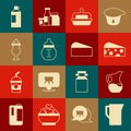 Set Milk jug or pitcher, Cheese, Butter in a butter dish, Baby milk bottle, Milkshake, Whipped cream and icon. Vector