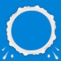 Set of milk ring splashes isolated on blue background. Cream, yogurt fall with drops and blots Royalty Free Stock Photo