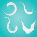 Set of milk splashes vector isolated over blue background. pouring white liquid or dairy products. Cream, yogurt fall