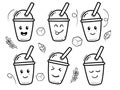 Set of milk tea doodles with facial expressions. Disposable drink cup hand-drawn vector