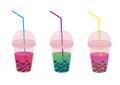 Set of milk tea with tapioca balls in a flat style. Tapioca in a plastic transparent glass with a straw. Summer