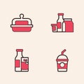 Set Milkshake, Butter in butter dish, product and Bottle milk and glass icon. Vector